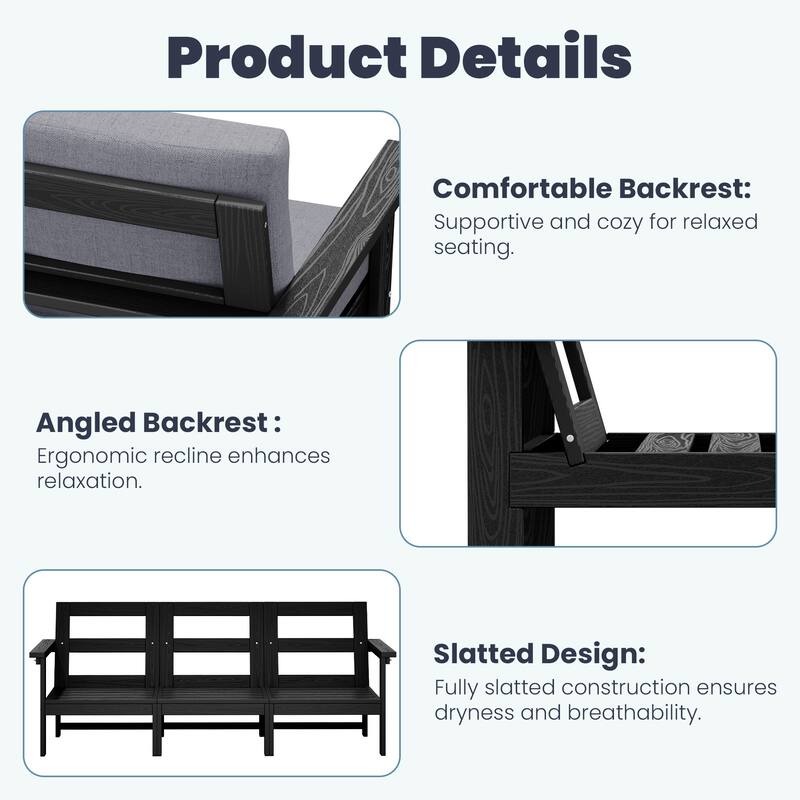 Outdoor Patio HDPE 3-Seat Sofa and Coffee Table Set, Removable Cushions Included