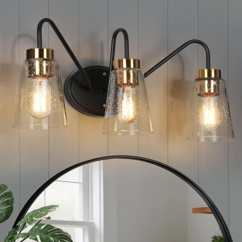 Modern Black Gold Bathroom Vanity Light Wall Sconces with Seeded Glass - 3-Light