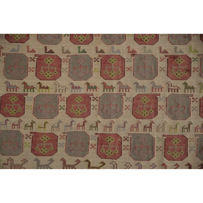 Hand Woven Oriental 100% Wool Carpet Traditional Tribal Beige & Ivories Sumak Area Rug - 7' 1'' X 4' 6''