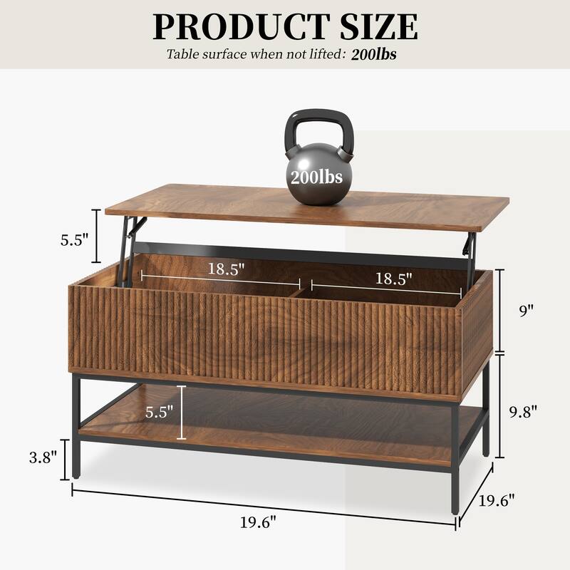 Lift Top Coffee Table 39.4 Inch Rectangle, Farmhouse Style with Hidden Storage & Lower Shelf, Sturdy Steel Legs