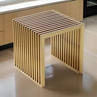 Niki 17 Inch Accent Stool, Slatted Design, Square, Luxurious Brushed Gold