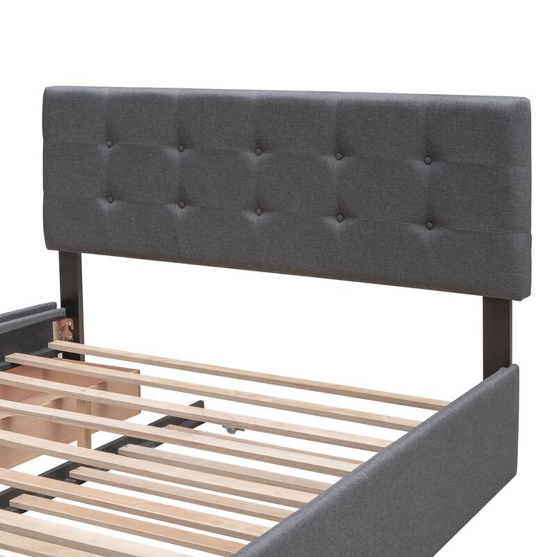 Queen Size Upholstered Platform Bed with Twin XL Trundle, Wooden Storage Bed Frame with 2 Drawers & Button Tufted Headboard
