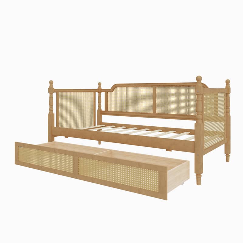Rattan Frame Daybed with Pull-out Storage Drawers Bookcase Bed - Wooden Sofa Bed with Trundle Bed Platform Bedframe - Open Bed