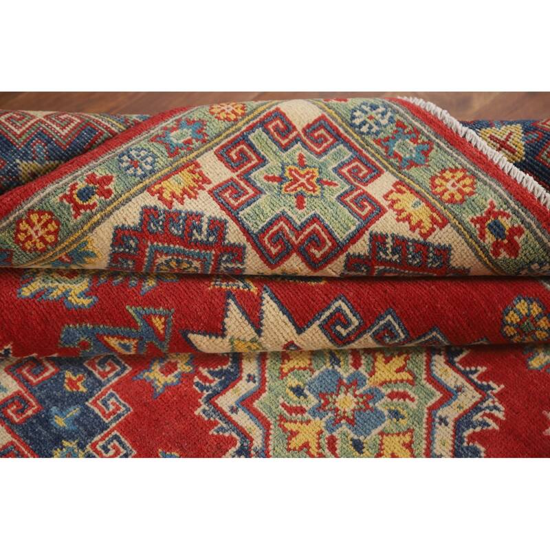 Geometric Red Kazak Area Rug Hand-Knotted Traditional Wool Carpet - 4'11" x 7'1"