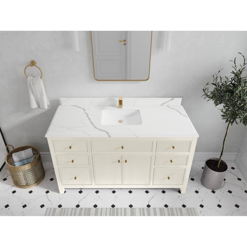 Willow Collections 60 in W x 22 in D Sonoma Free Standing Reeded Single Sink Bathroom Vanity with Countertop - 1.5”Empira White - Ivory