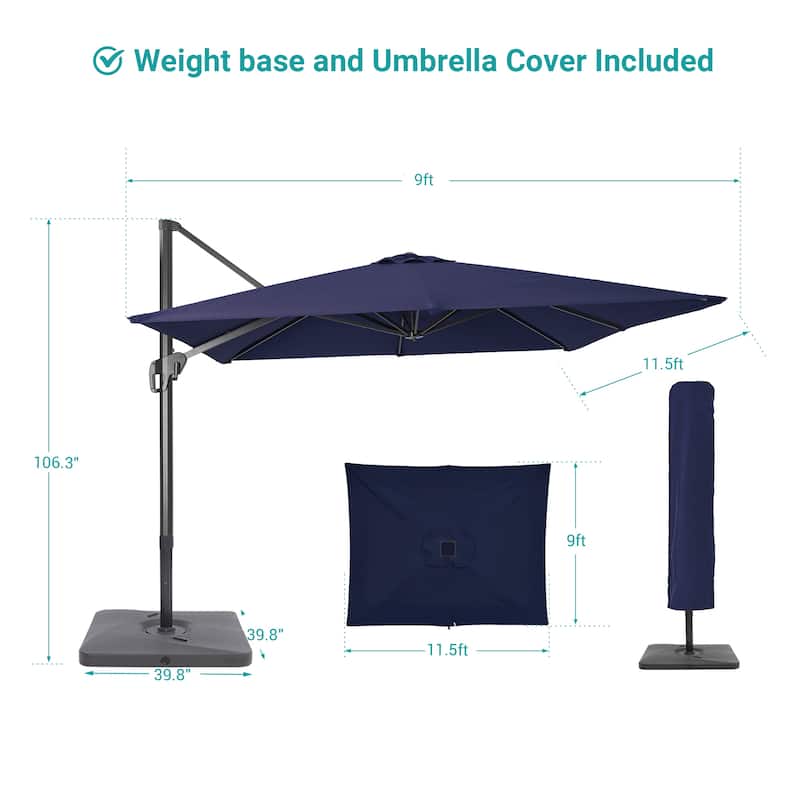 BONOSUKI Outdoor 11.5x9FT Cantilever Patio Umbrella 360 Rotation w/Base