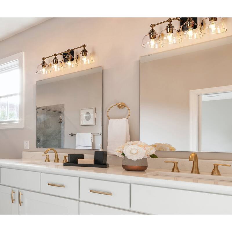 Modern 4-Light Black Gold Bathroom Vanity Light Clear Glass Wall Sconce - W 29.5" x D 6.3" x H 7.9"