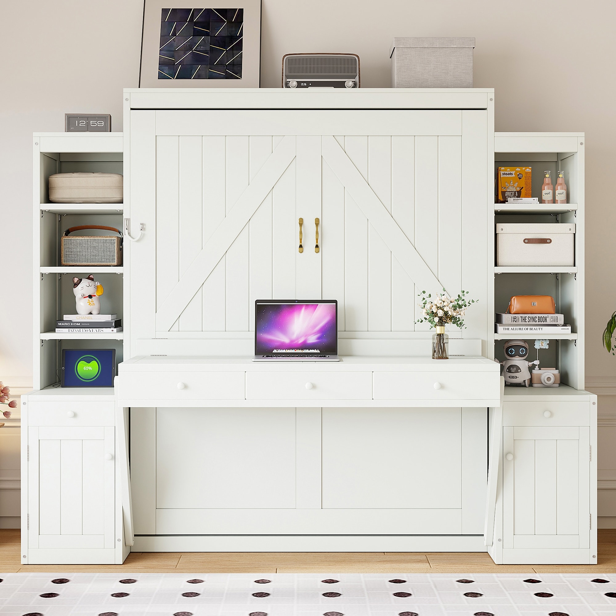 Queen Size Murphy Bed with Desk & Storage, Space-Saving Wall Bed with Cabinets & Drawers