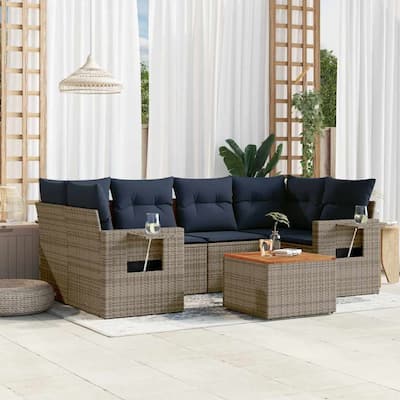 vidaXL 7 Piece Patio Sofa Set with Cushions Grey Poly Rattan - 24.4 x 24.4 x 27.2 (W x D x H)