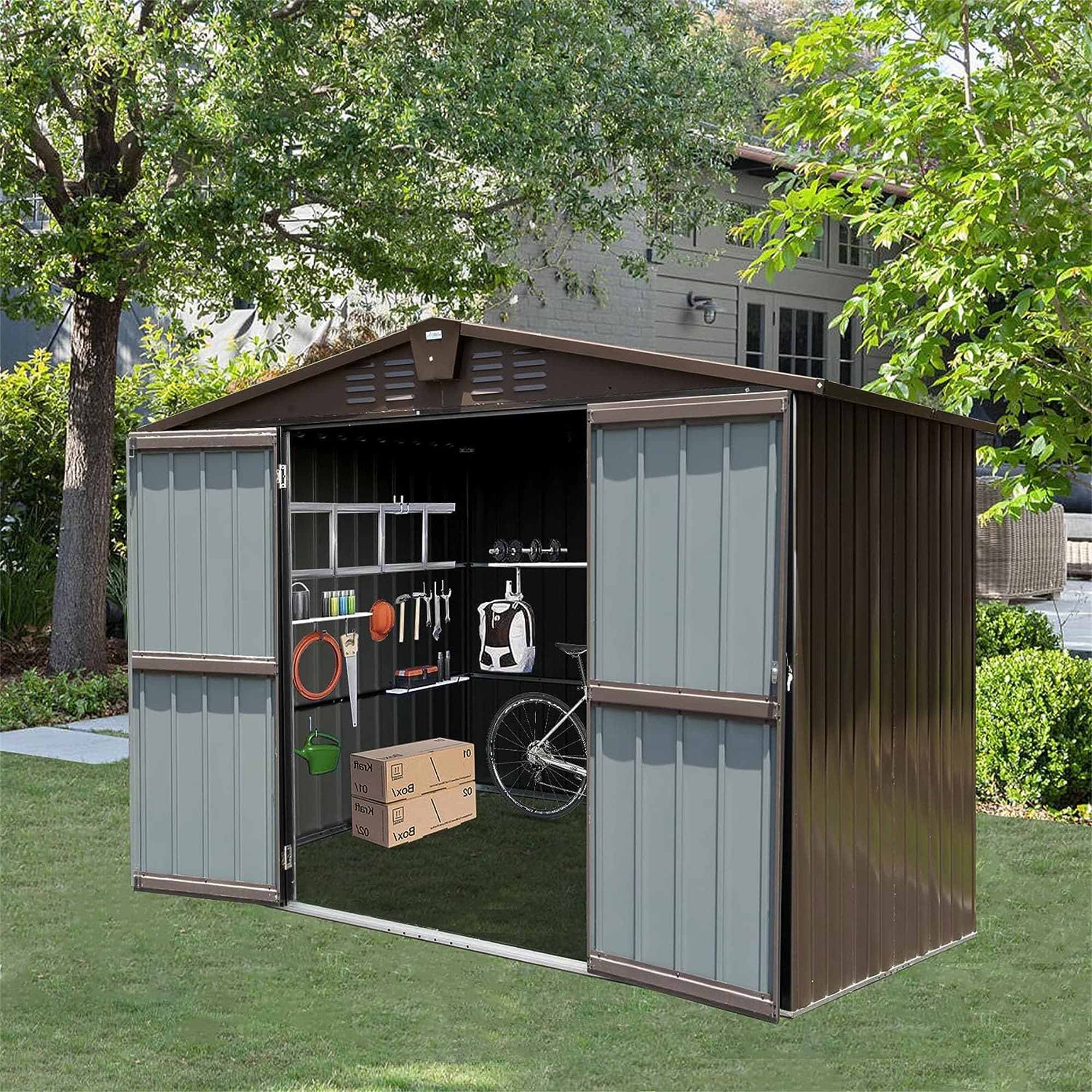Rustproof Metal Garden Shed Storage Shed with Lockable Double Doors & Arch Roof Tool Shed, Water-Resistant Sloped Roof