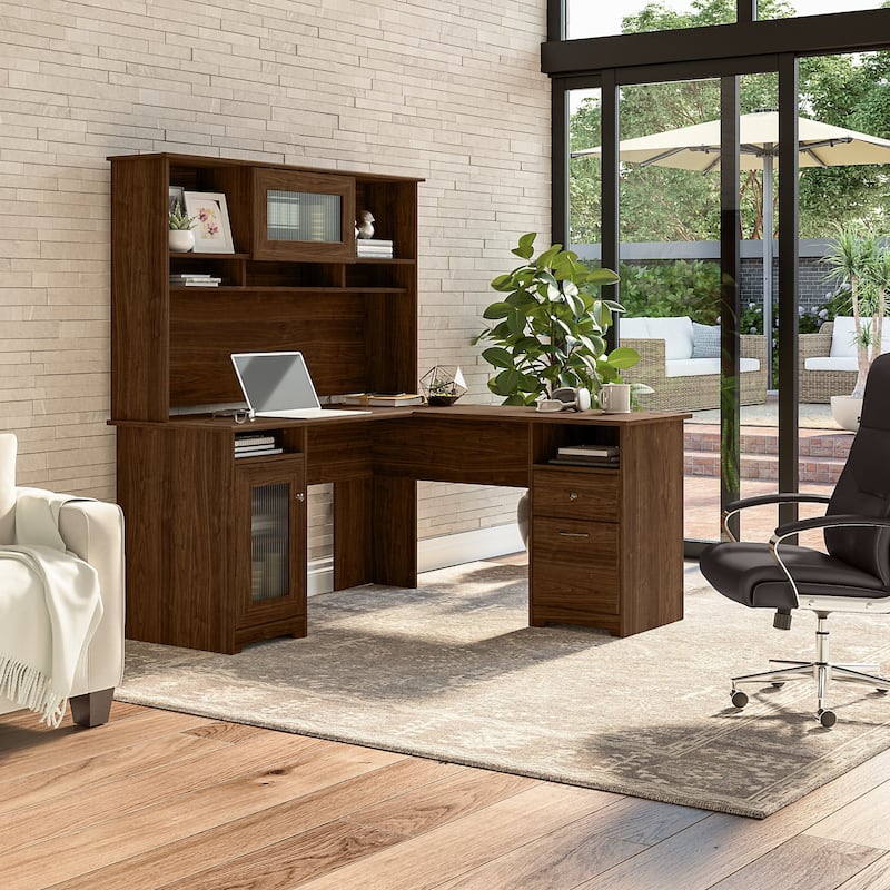 Cabot 60W L-Shaped Desk with Hutch and Storage by Bush Furniture - Modern Walnut