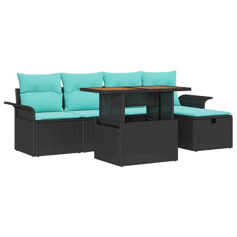 vidaXL 6 Piece Garden Sofa Set with Cushions Black Poly Rattan - 98.8 x 46.1 x 27.2