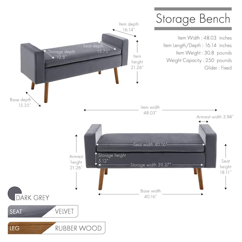 Porthos Home Brynn Velvet Storage Bench with Rubberwood Legs