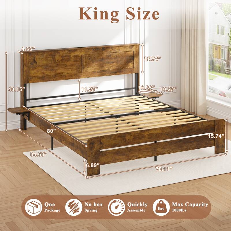 Bed Frame with Headboard LED Lights Side Tables and Underbed Storage