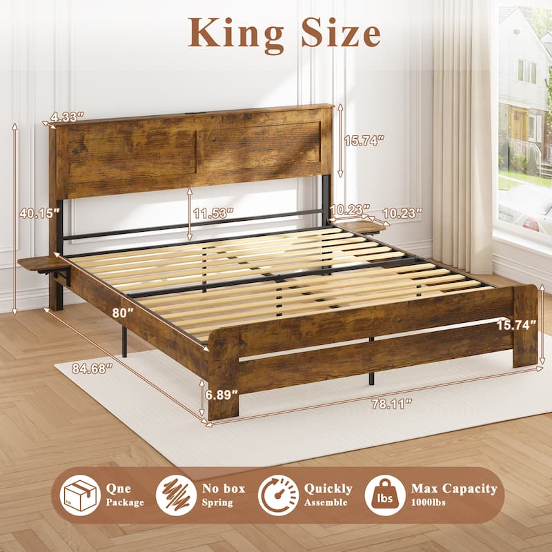 Wooden Platform Bed Industrial Bed Frame with Headboard/Small Night Light/Foldable Side Tables/Charging Station/Antique Natural