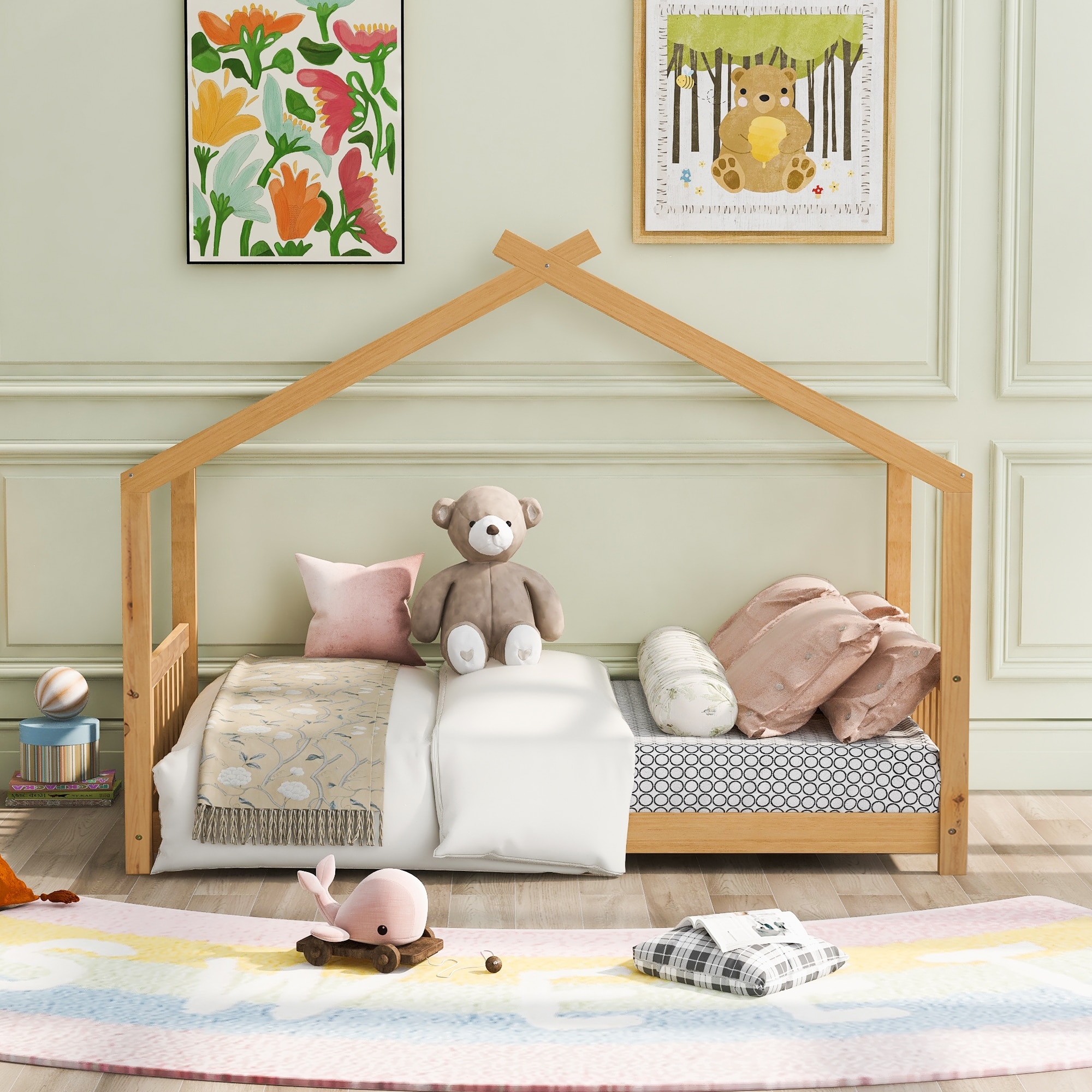 Low profile Panel Bed Platform House Bed with Open Roof Design for