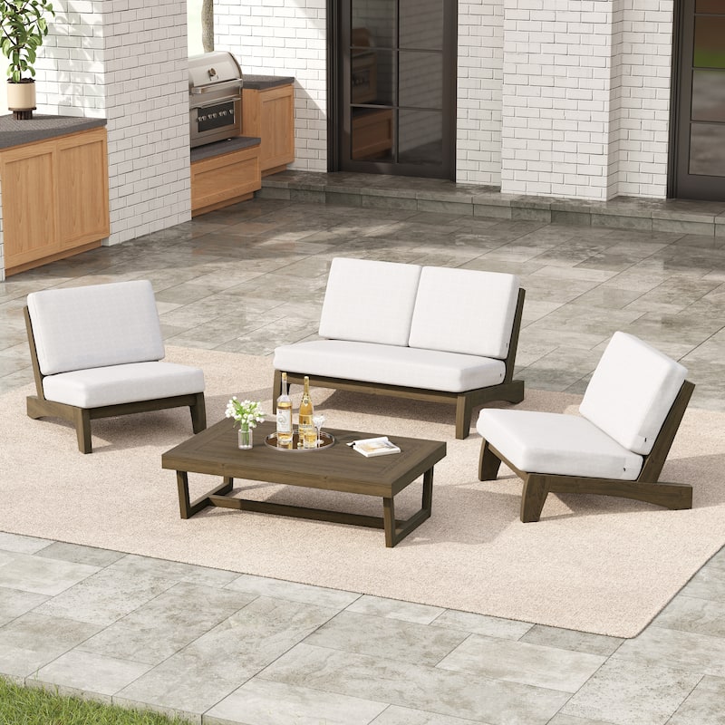 Outdoor Acacia Wood Patio Furniture Set - 4 Piece All Weather Conversation Set - Beige-Separate Cushion