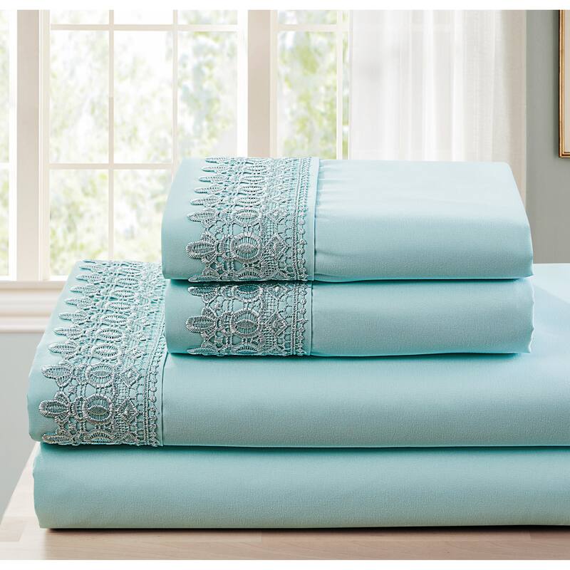 SL SPIRIT LINEN HOME EST. 1988 Lace Sheet Set - Double Brushed Microfiber - Whisper Blue - Queen