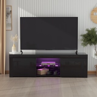 59''L High Glossy TV Cabinet RGB LED Lights TV Stand with 2 Side Door ...