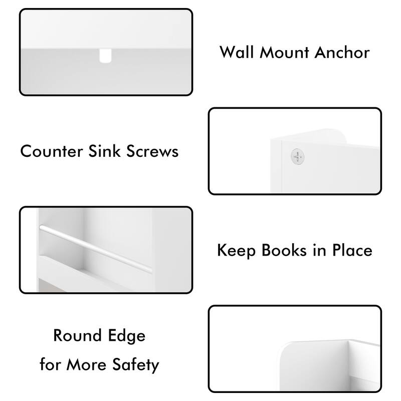 Wall-Mounted Kids Bookshelf With 4 Front-Facing Display Shelves, Modern Book Rack With Natural Wood Base