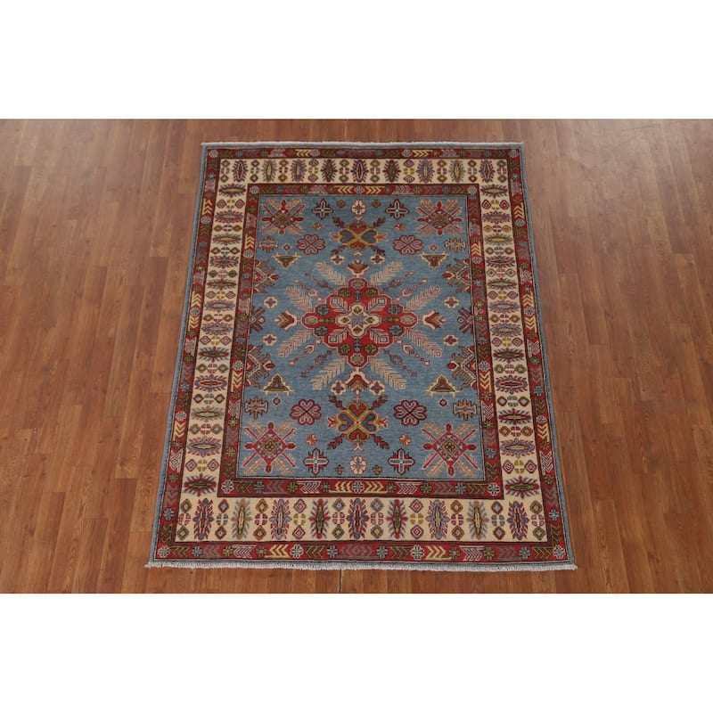 Blue Kazak Area Rug Hand-Knotted Wool Carpet - 4'10" x 6'5"