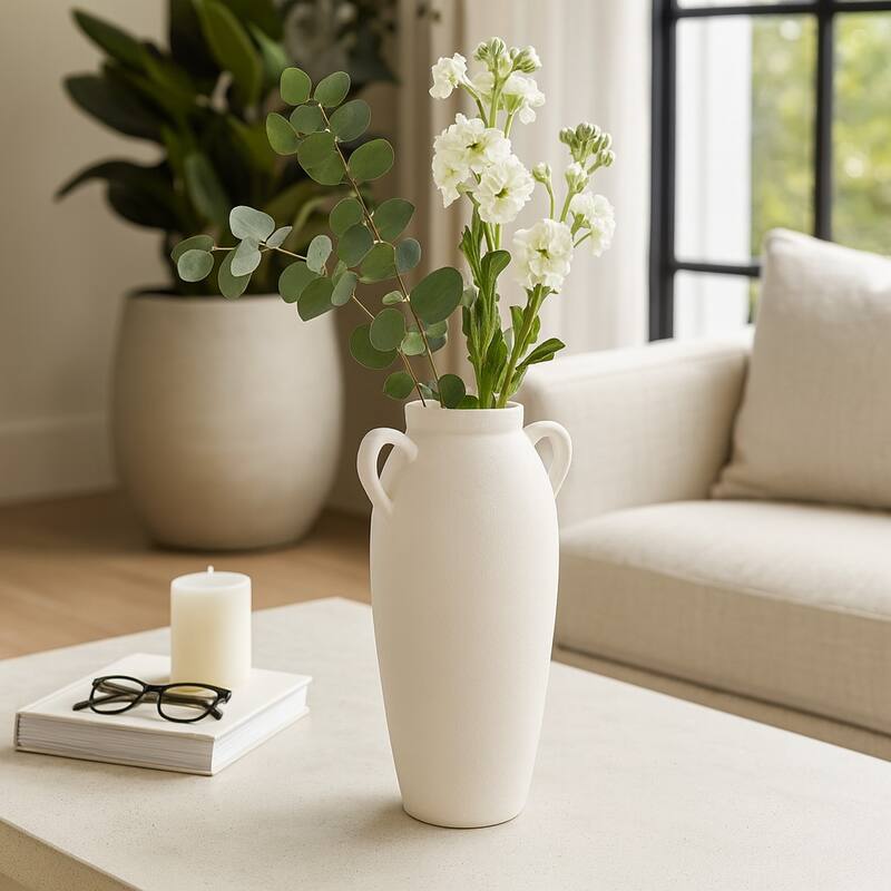 Neutral Ceramic Textured Amphora Jug with Handles Vase - White