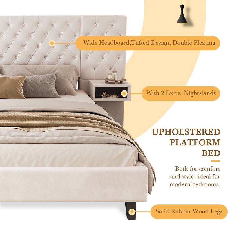 Modern Upholstered Platform Bed King/Queen with Velvet Wingback Headboard and Built-in Nightstands, Easy Assembly