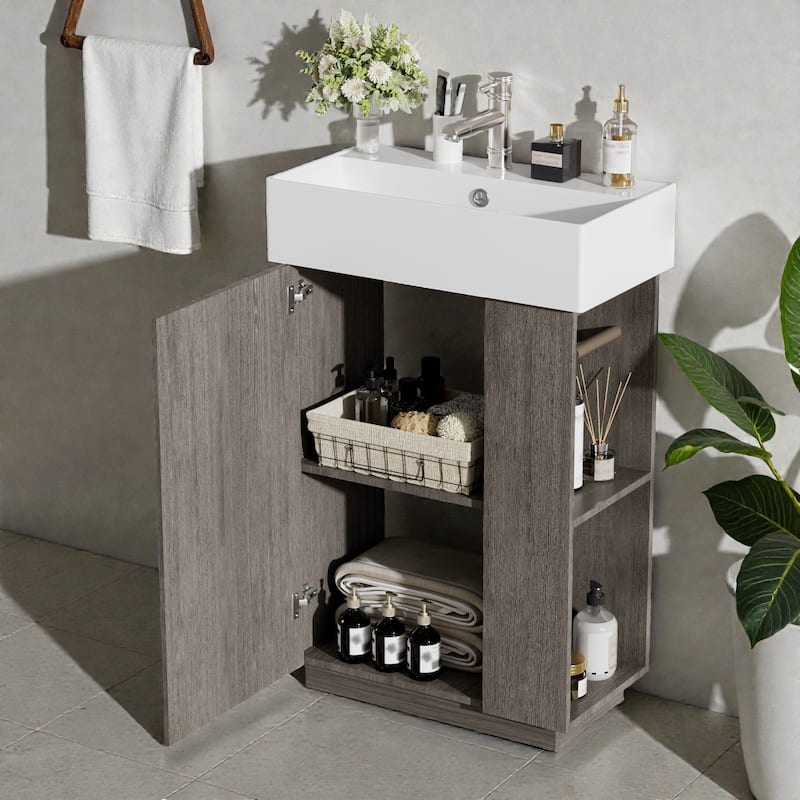 21.6" Bathroom Vanity with Ceramic Sink, Freestanding Left Door Wood Grain Cabinet with Open Storage