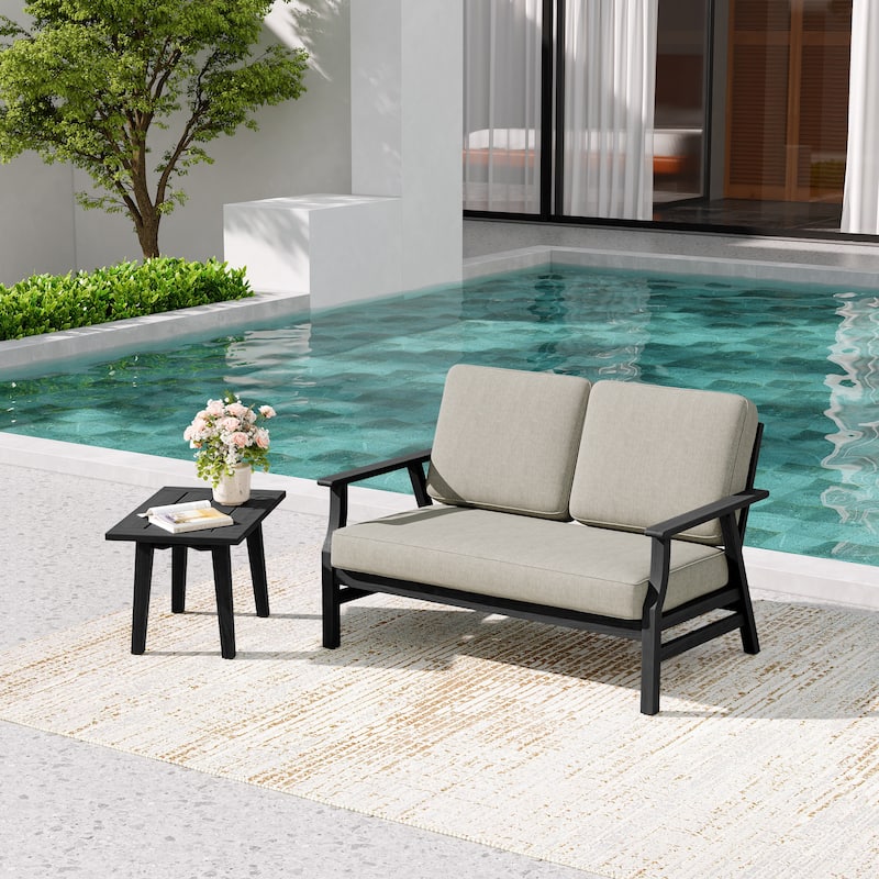 2-Piece Teak Outdoor Loveseat Set with Table.