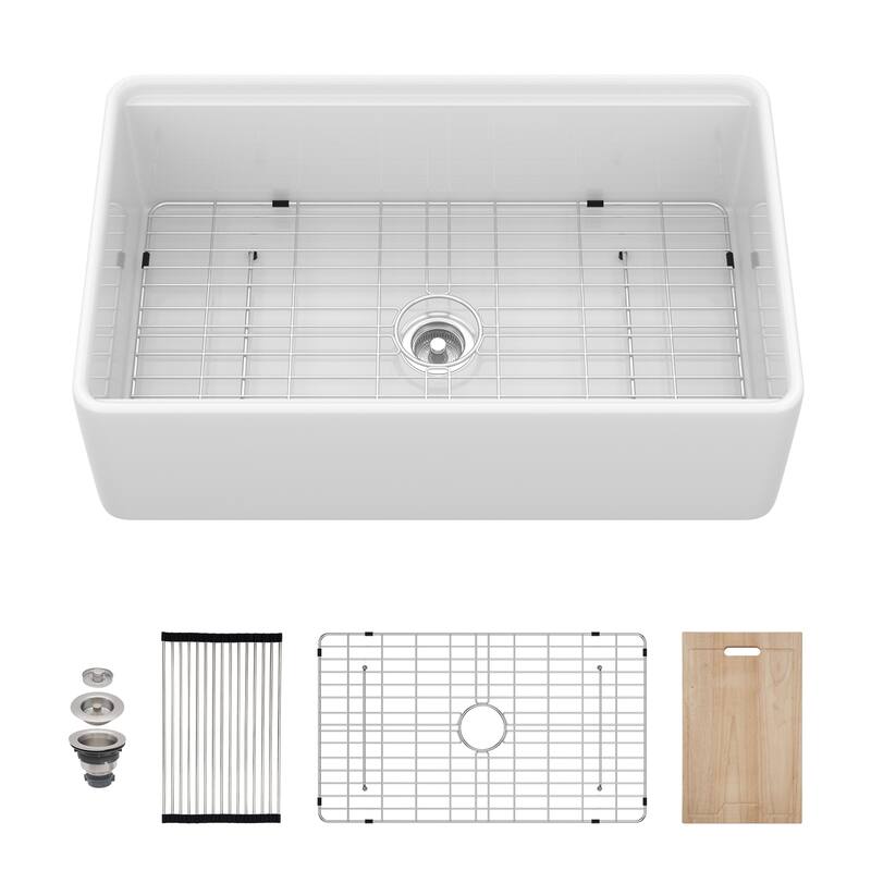 33" White Farmhouse Kitchen Sink Workstation - 33 x 20 x 10 inch White Porcelain Ceramic Sngle Bowl Kitchen Sink