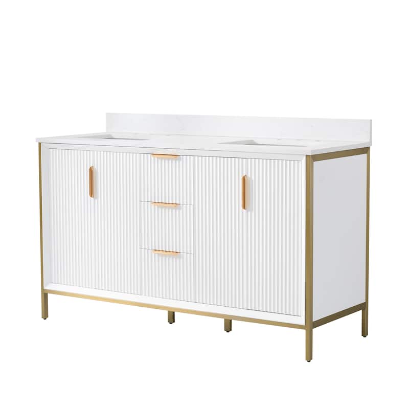 35''H Solid Wood Bathroom Vanity With Carrera White Quartz Top and Sink,White
