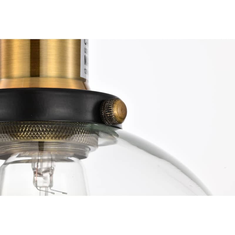 Black and Antique Brass 1-Light Mini Pendant with Clear Globe Glass Shade - Black and Antique Brass