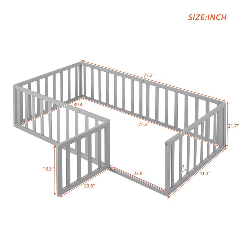 Twin Size Wood Daybed Frame with Fence and Door, Gray