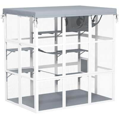 PawHut Catio Outdoor Cat Enclosure, Large Luxury Cat House Outside with Hammock, Condo, Jump Platforms, Ladders, 71"