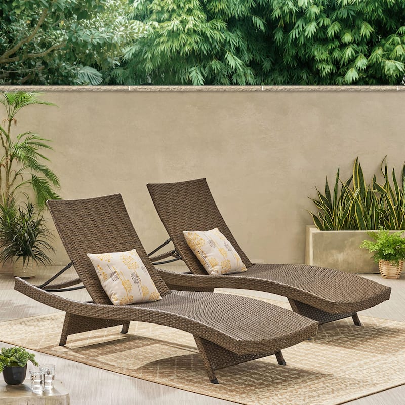 Outdoor Curved Wicker Lounge Chair Set of 2, Water Resistant Adjustable Reclining Chairs with Armrests & Folding Legs