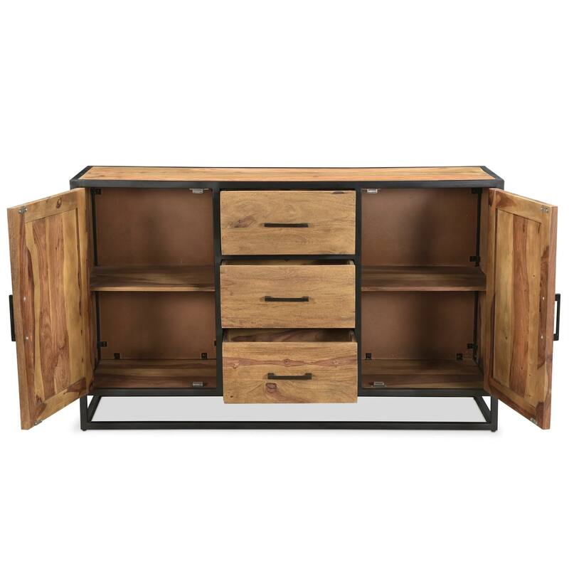 Solid Sheesham Wood Sideboard Cabinet with Black Iron - 60"