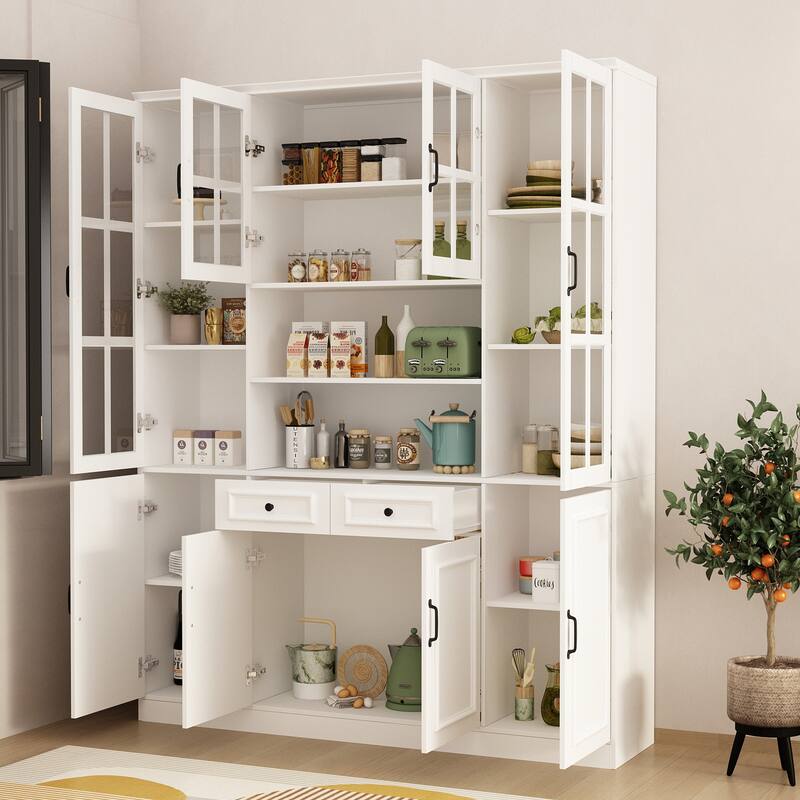 78.7"H Combo Buffet Sideboard White Curio Bookcase Cabinet Glass Door