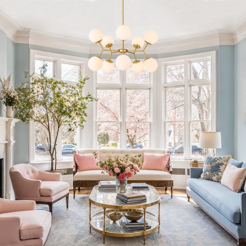 Mid-Century 10-Light Milky Glass Globe Round Branched Chandelier