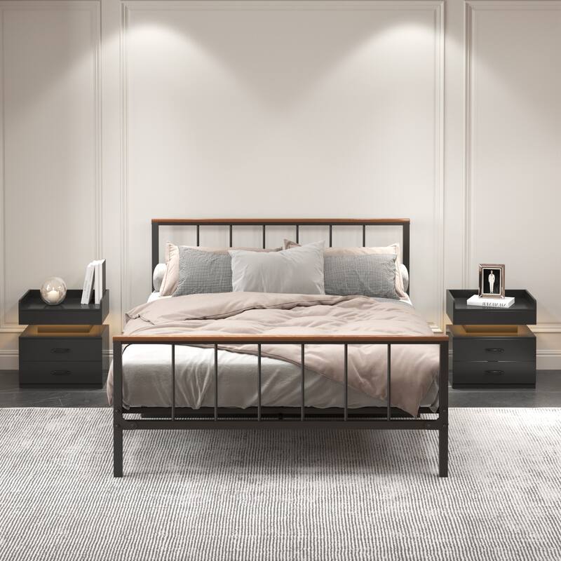 1 Set Nightstand with Adjustable LED Strip Light, 2-Drawers, Large Storage Space