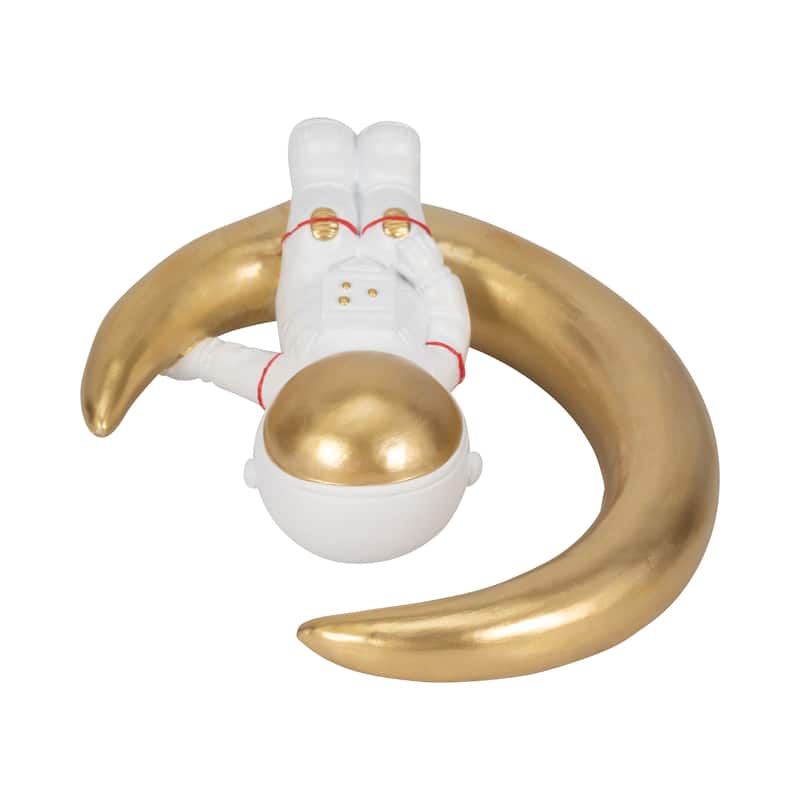Sagebrook Home Polyresin 7" Space Man on Crescent Moon Figurine in White and Gold - 7" x 3" x 7"
