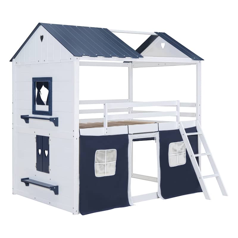 Full Size Bunk Wood House Bed with Elegant Windows, Sills and Tent, Blue+White - N/A