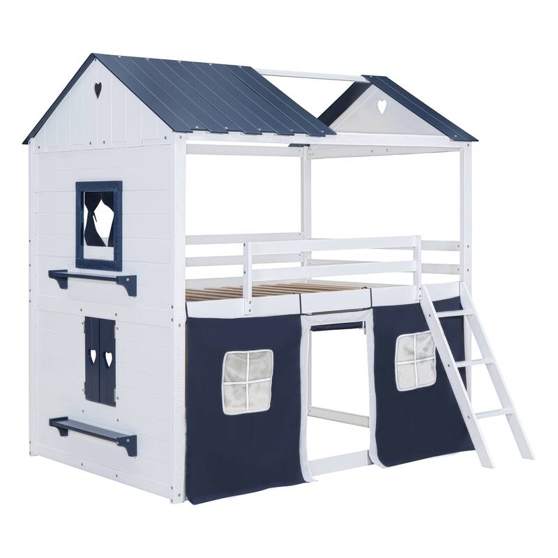 White+Blue Wood Castle House Bunk Bed with Windows, Sills, Tent, and Slide, Playhouse Design