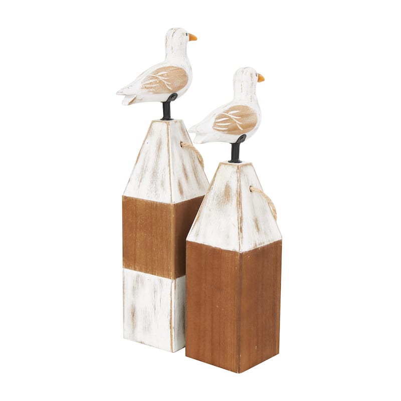 Wooden Bird Sculpture with White Distressed Buoy Posts - Set of 2 Brown - Roche River Decor - 4"W x 6"L x 16"H