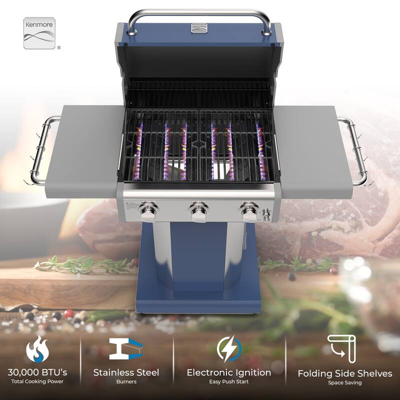 Kenmore 3-Burner Propane Gas Grill with Foldable Side Shelves