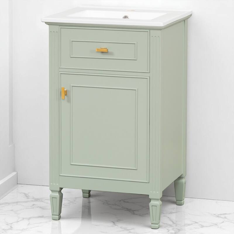 20" Bathroom Vanity with Sink, Freestanding White Cabinet with Ceramic Basin, Tilt-Out Drawer, Adjustable Shelf, Solid Wood Legs