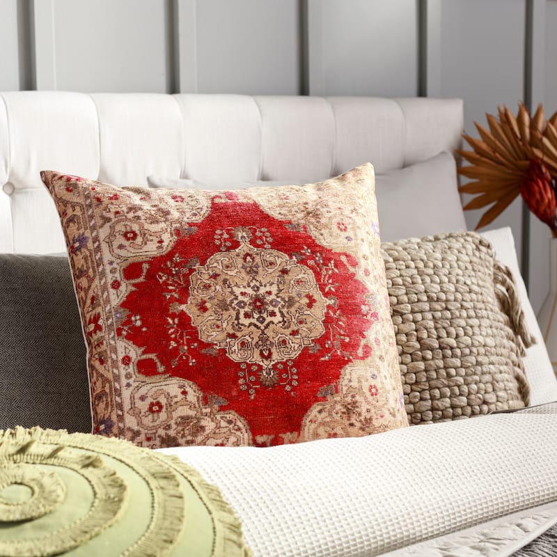 Florentia Red Flourish Print Throw Pillow - 22"H x 22"W - Feather Down