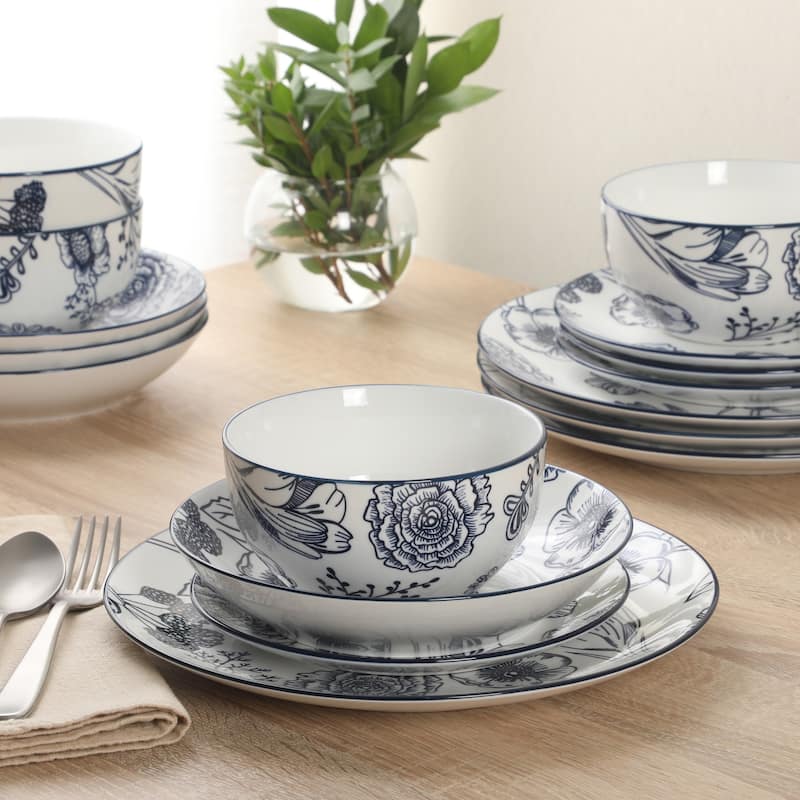 Gibson Home Westerly Court 16-Piece Dinnerware Set, Blue Floral Stoneware Plates & Bowls, Service for 4