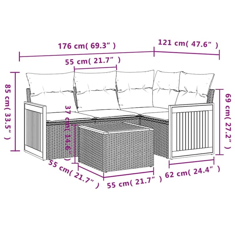 vidaXL Patio Sofa Set with Cushions Outdoor Conversation Furniture Poly Rattan - 24.4 x 24.4 x 27.2