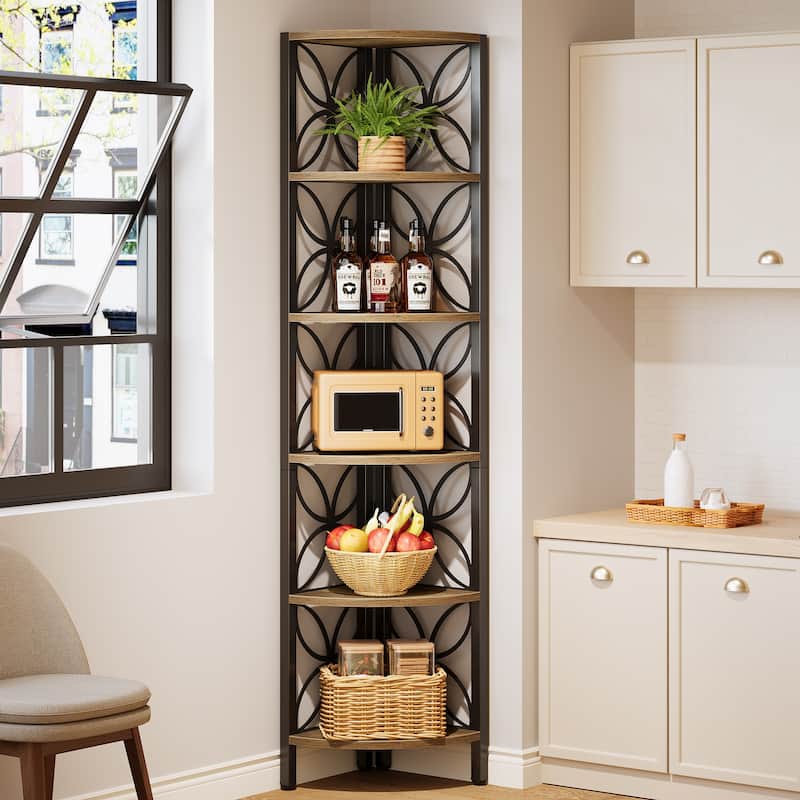 6-Tier Corner Shelf, Industrial 70.9" Rustic Corner Bookshelf Display Shelf