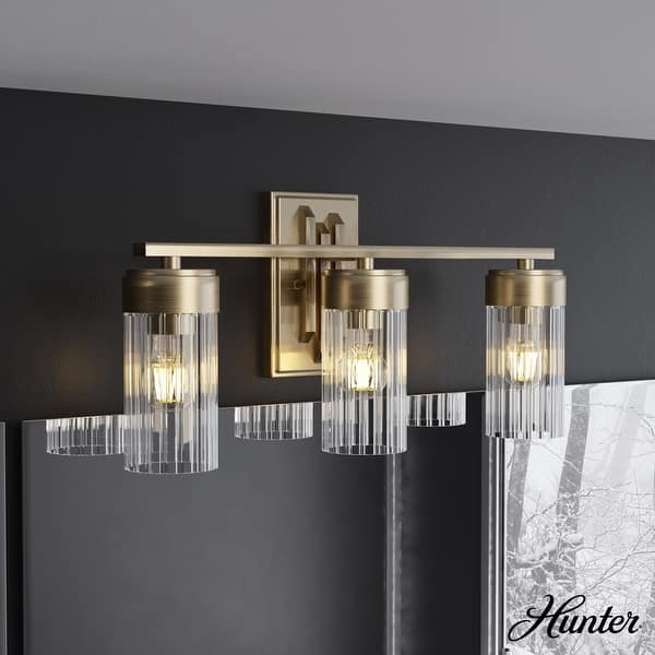 slide 2 of 10, Hunter Gatz Ribbed Glass Vanity Wall Light - Bathroom - Glam, Fluted Glass - Damp Rated! 3 Light - Alturas Gold